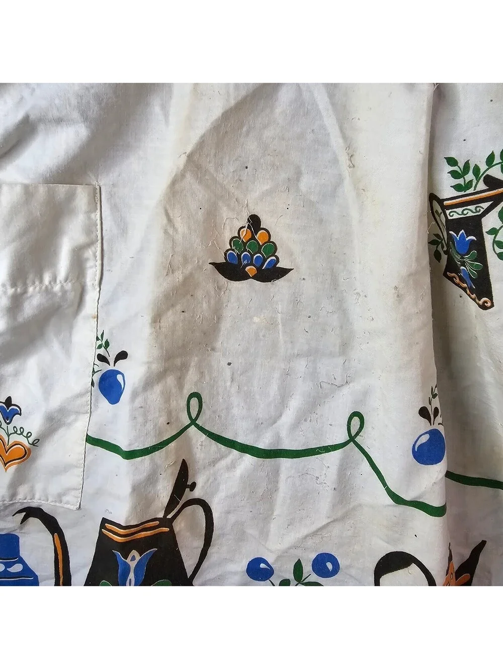 Vintage Half Apron White Kitchen Pot Coffee Tea Kettle Print Retro Tie Waist